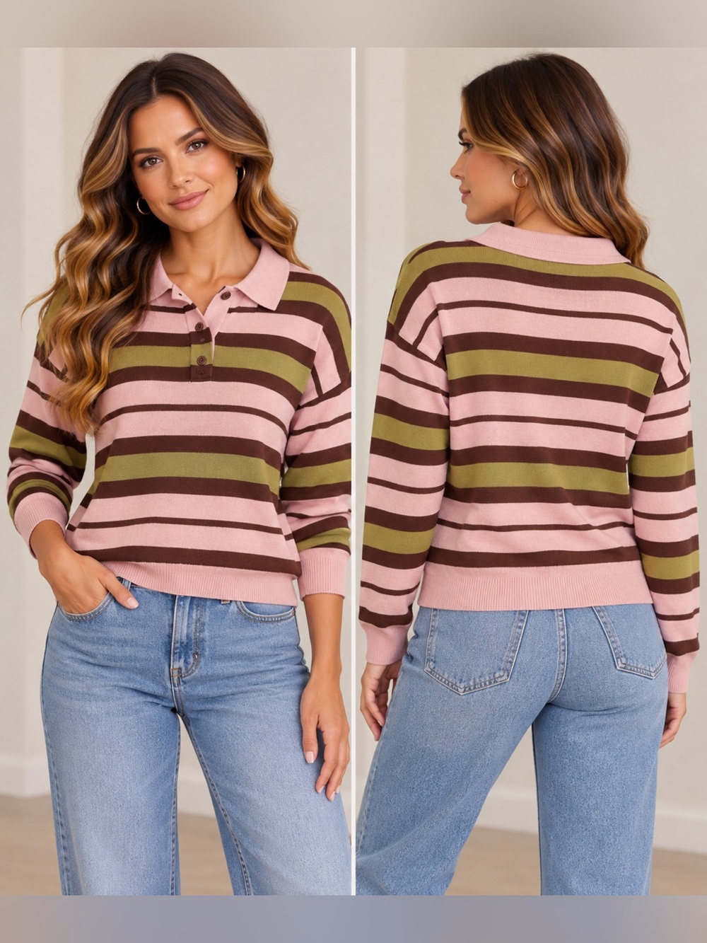 Striped Pink, Olive & Brown Polo Sweater